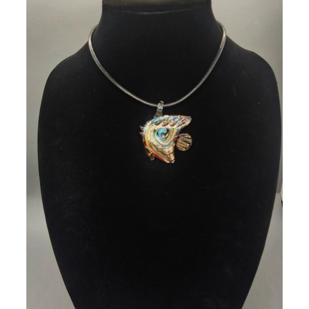 Cookie Lee Murano Style Art Glass Fish Pendant Necklace Black Cord 18-21 Inch